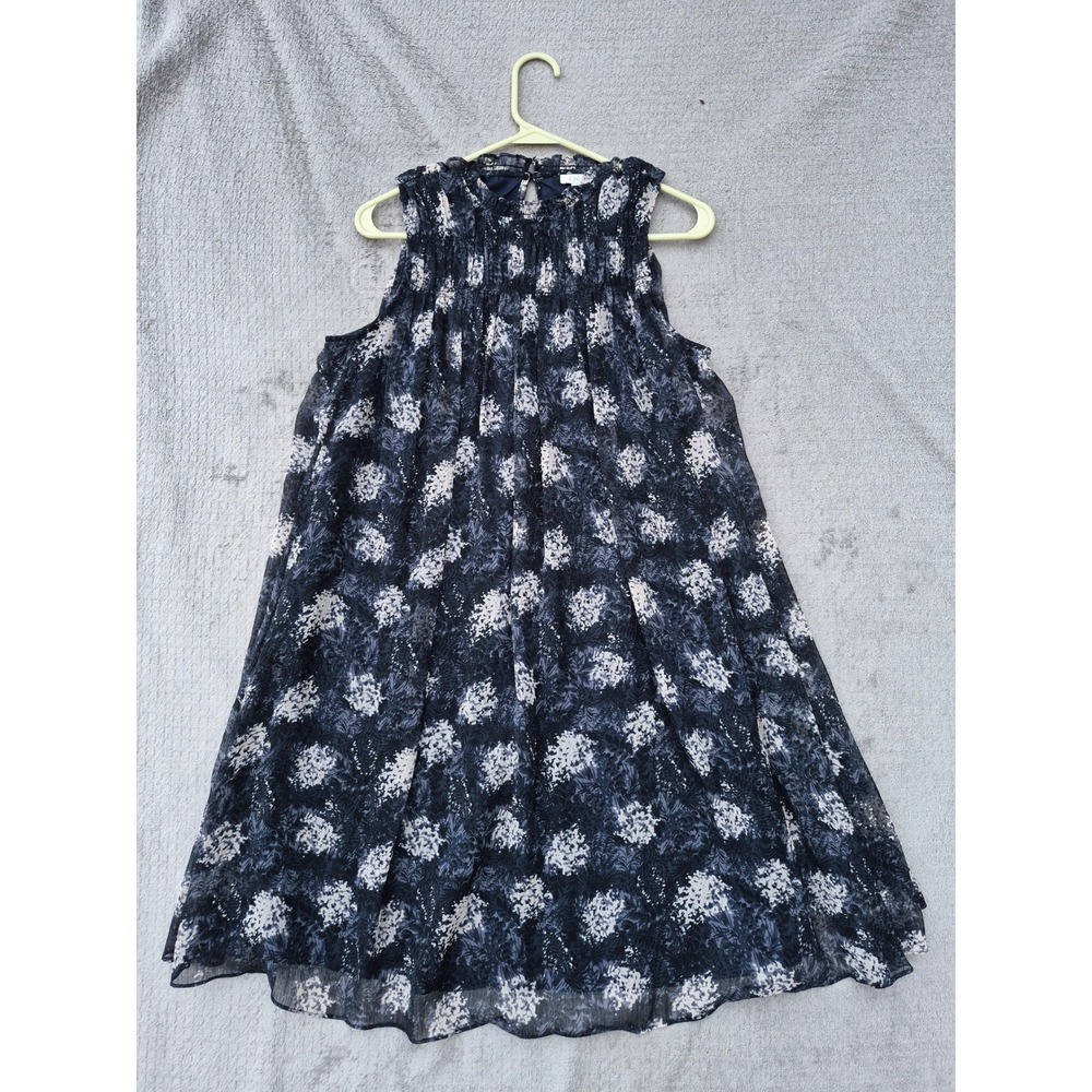 Joie Baltic Print Smocked High Neck Sleeveless Shift Dress Navy White JE6000PR S
